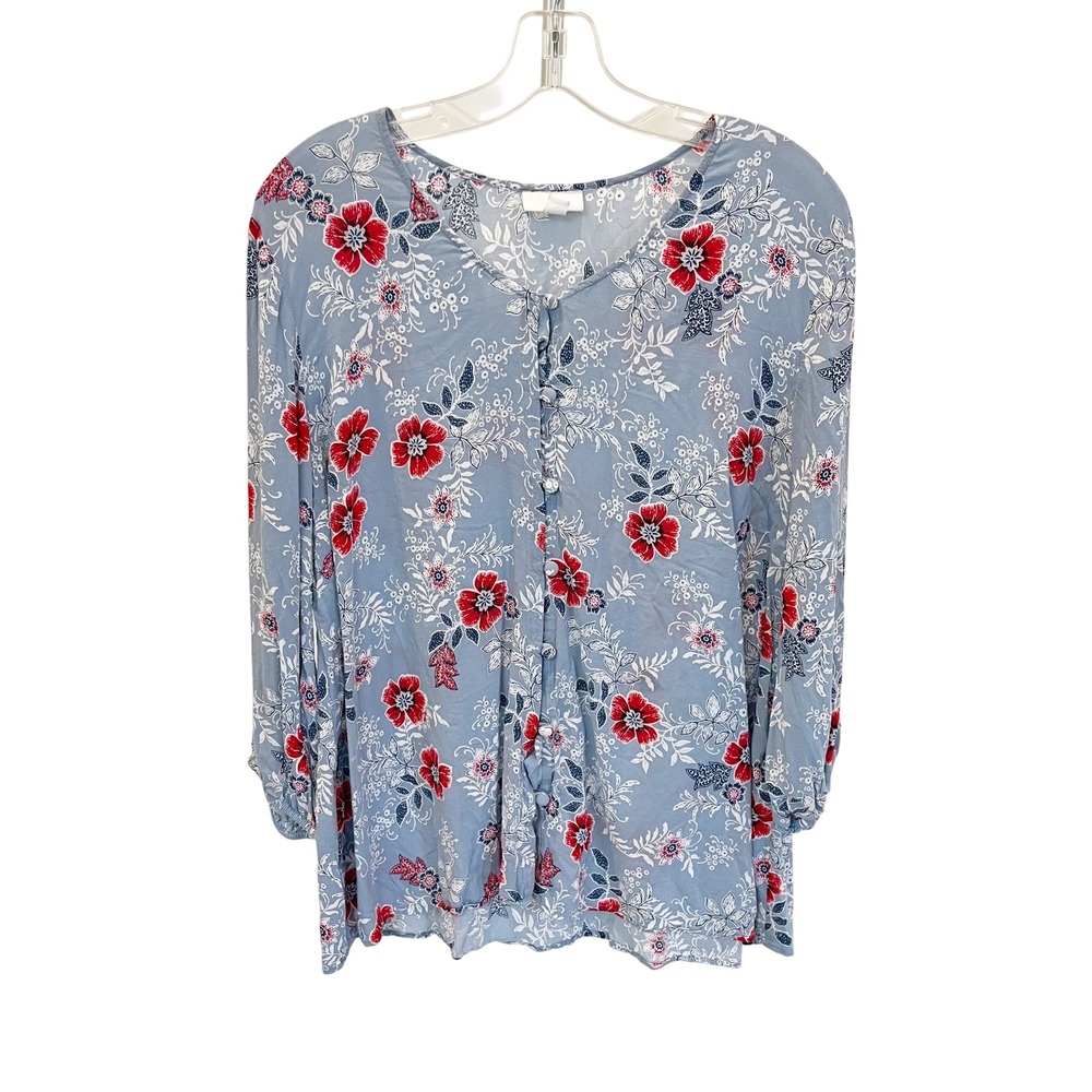 J. Jill Floral Button Front Blouse Blue Red Rayon V-Neck Long Sleeve Top Size XL